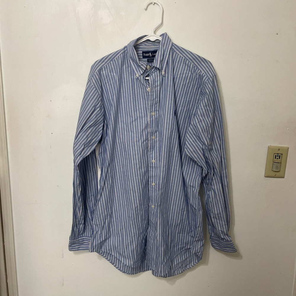 Ralph Lauren Yarmouth Mens Striped Dress Shirt‎ Blue White15.5 34/35 Cotton